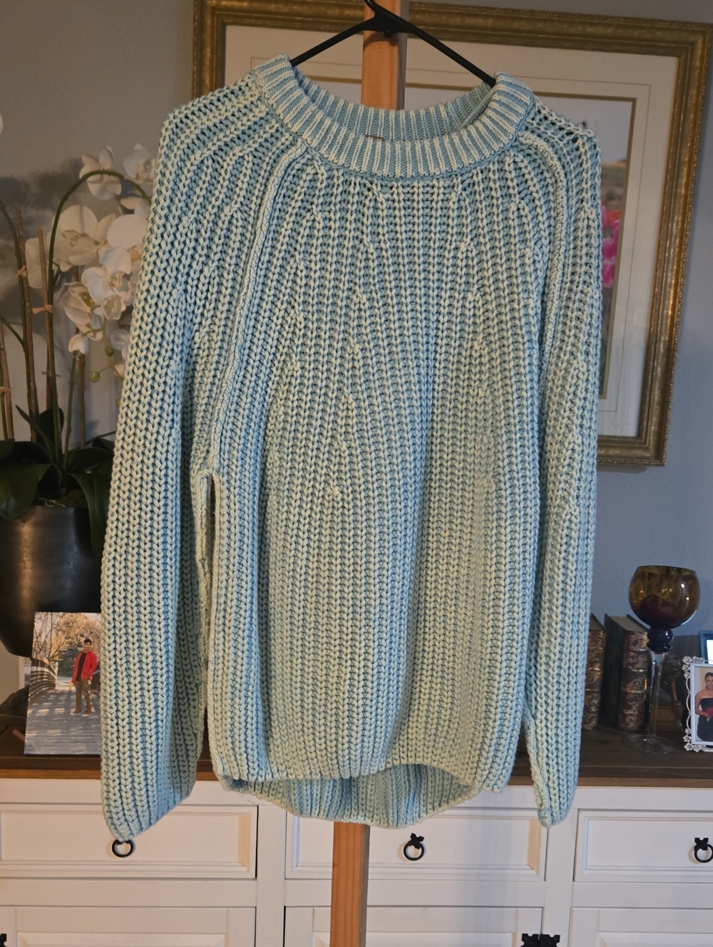Free People Light Blue Chunky Knit Crewneck Sweater